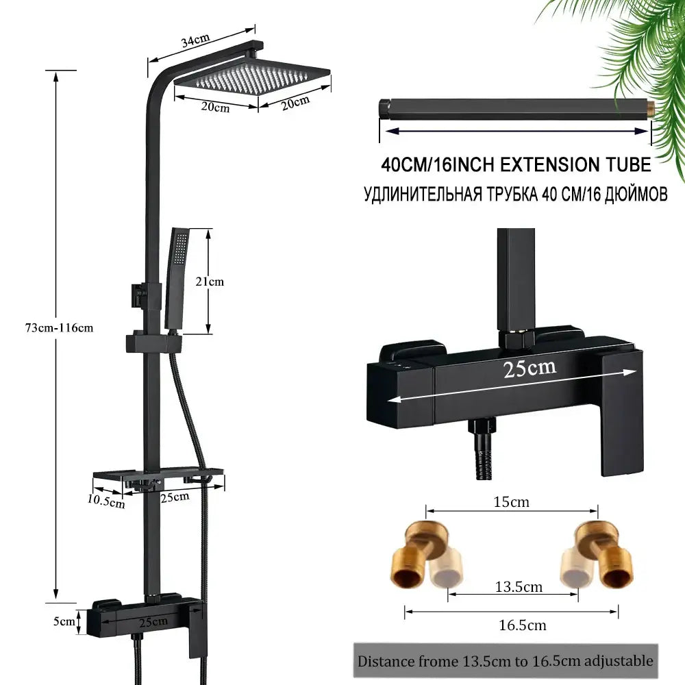 Matte black rainfall shower faucet set with shelf featuring a black matte shower faucet set with square rainhead handheld shower and adjustable extension tube