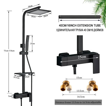 Matte black rainfall shower faucet set with shelf featuring a black matte shower faucet set with square rainhead handheld shower and adjustable extension tube