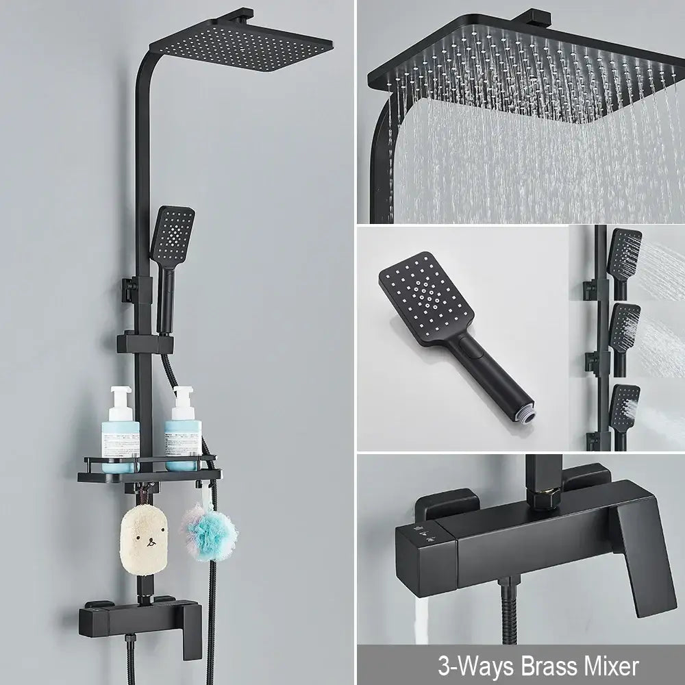 Matte black rainfall shower faucet set with shelf featuring a black matte shower faucet set with square rainhead and brass mixer