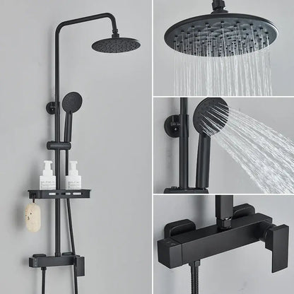 Matte black rainfall shower faucet set with shelf featuring a rainhead handheld sprayer and wall-mounted faucet set