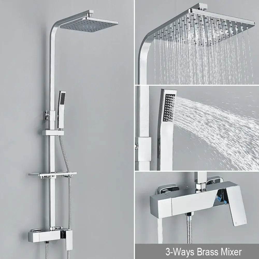 Matte black rainfall shower faucet set with chrome square rainhead handheld nozzle and sleek 3-ways brass mixer