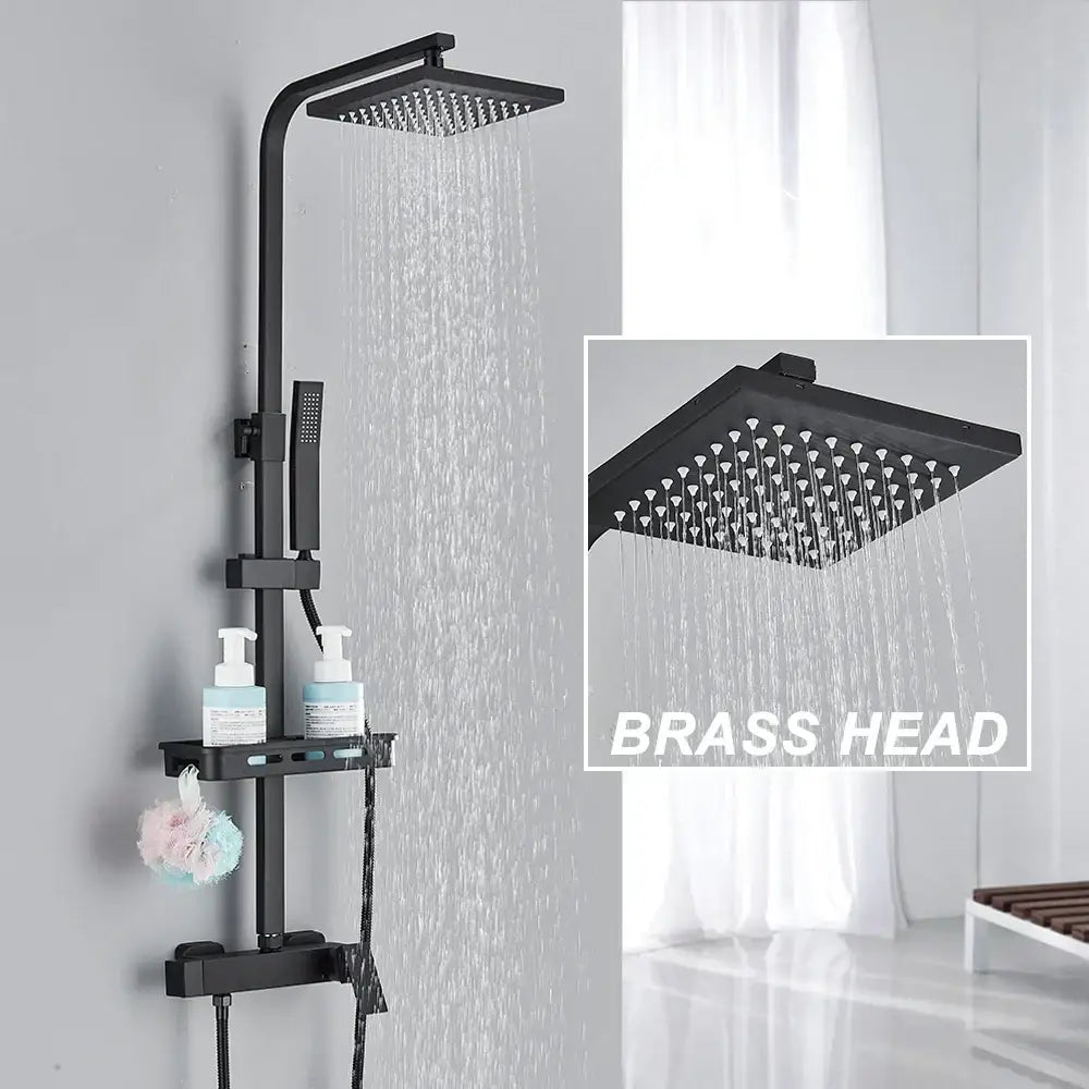 Matte black rainfall shower faucet set with brass construction and multiple jets in a square rain shower faucet set