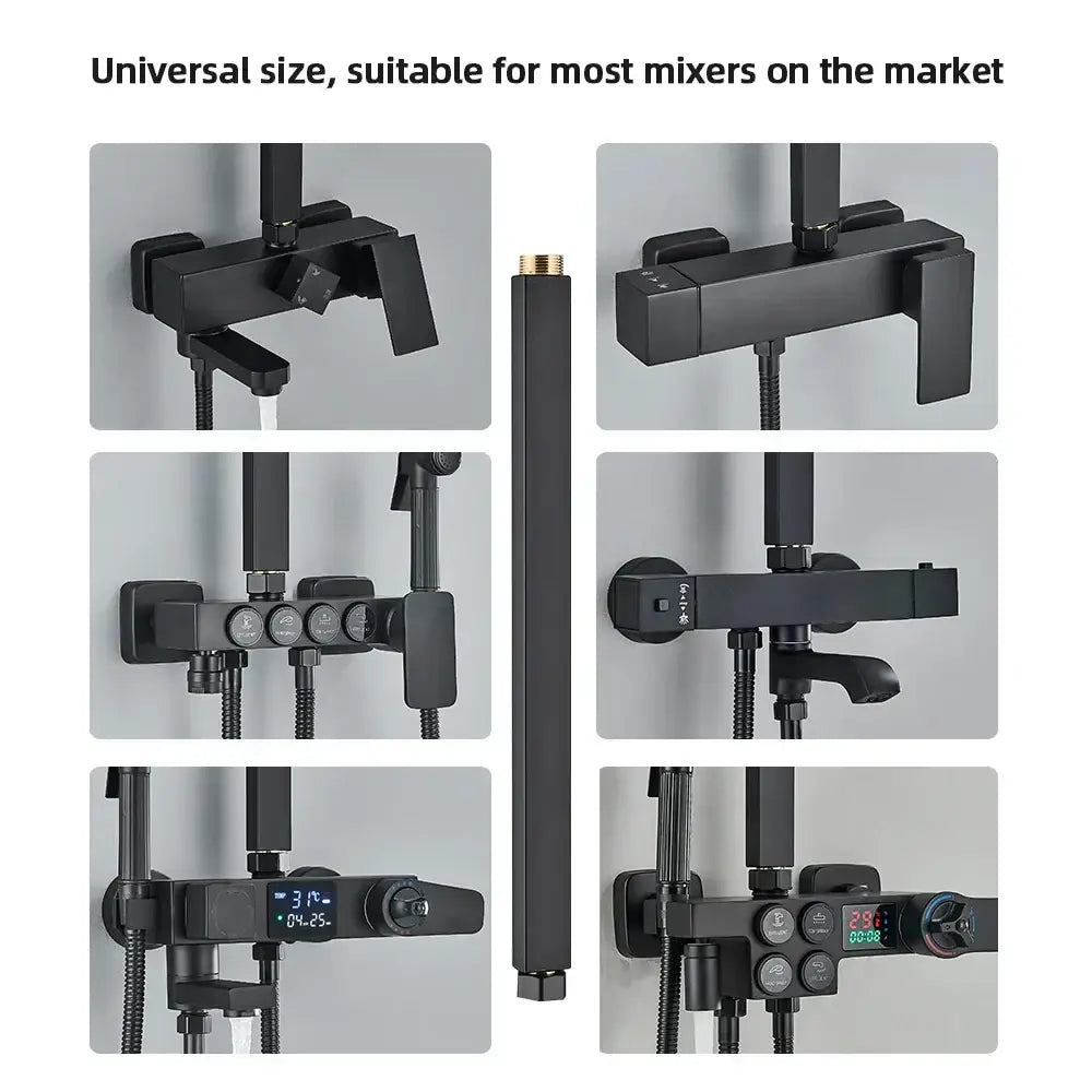 Matte black shower faucet extension tube with brass fitting and digital temperature display for modern bathrooms