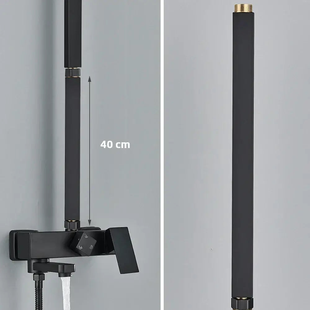 Matte black shower faucet extension tube with brass fitting and gold-toned threaded end cap 40 cm height