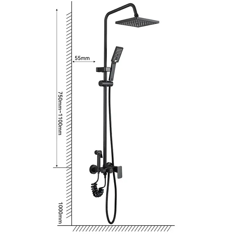 Matte black shower faucet set with square rainhead and handheld sprayer in black matte finish for bathroom use