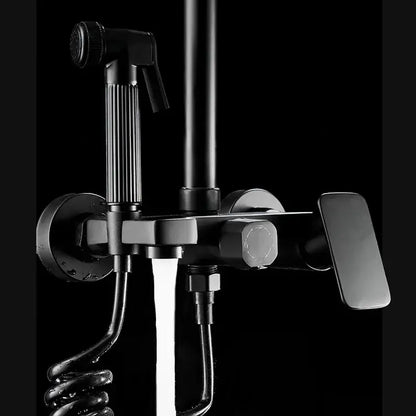 Matte black shower faucet set with handheld sprayer and rectangular handles in a modern black matte finish
