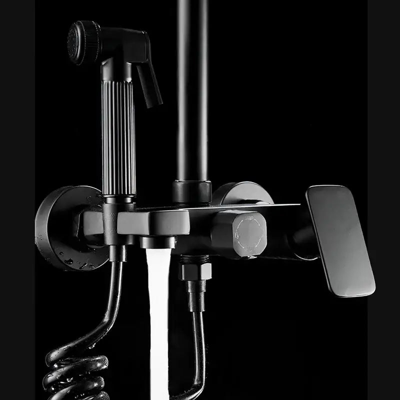 Matte black shower faucet set with handheld sprayer and rectangular handles in a modern black matte finish