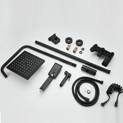 Matte black shower faucet set with square rainhead handheld sprayer and coiled hose for bathroom use