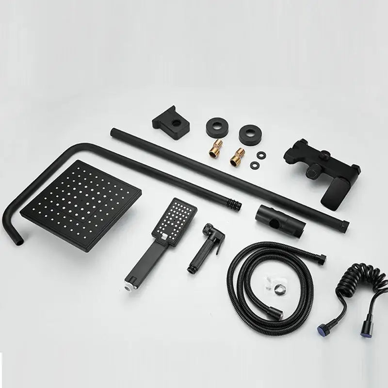 Matte black shower faucet set with square rainhead handheld sprayer and coiled hose for bathroom use