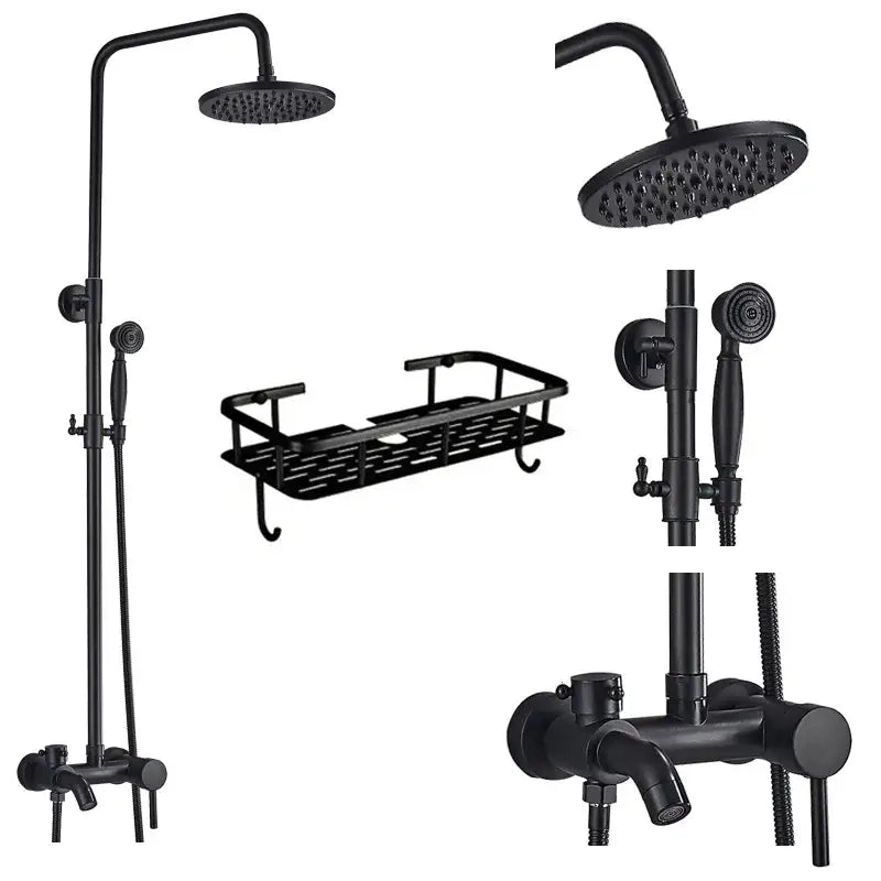 Matte black shower faucet set with rainhead, handheld sprayer, and tub spout for bathroom use