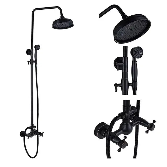 Matte black shower faucet set with a tall overhead rainhead handheld spray nozzle and wall-mounted tub spout assembly