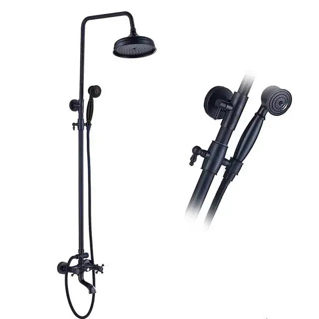 Matte black shower faucet set with handshower and tub spout featuring a tall overhead rainhead and handheld spray nozzle