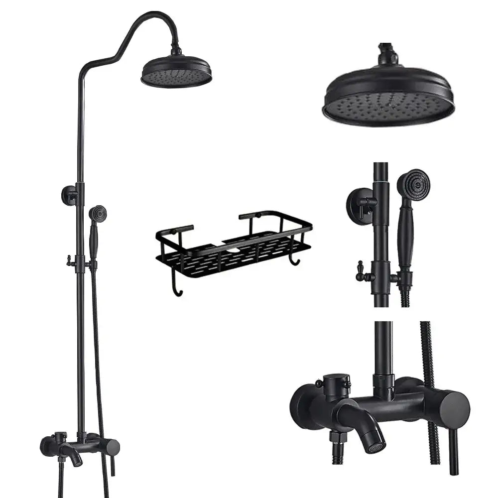 Matte black shower faucet set with handshower, tub spout, and tall overhead rainhead in black matte finish