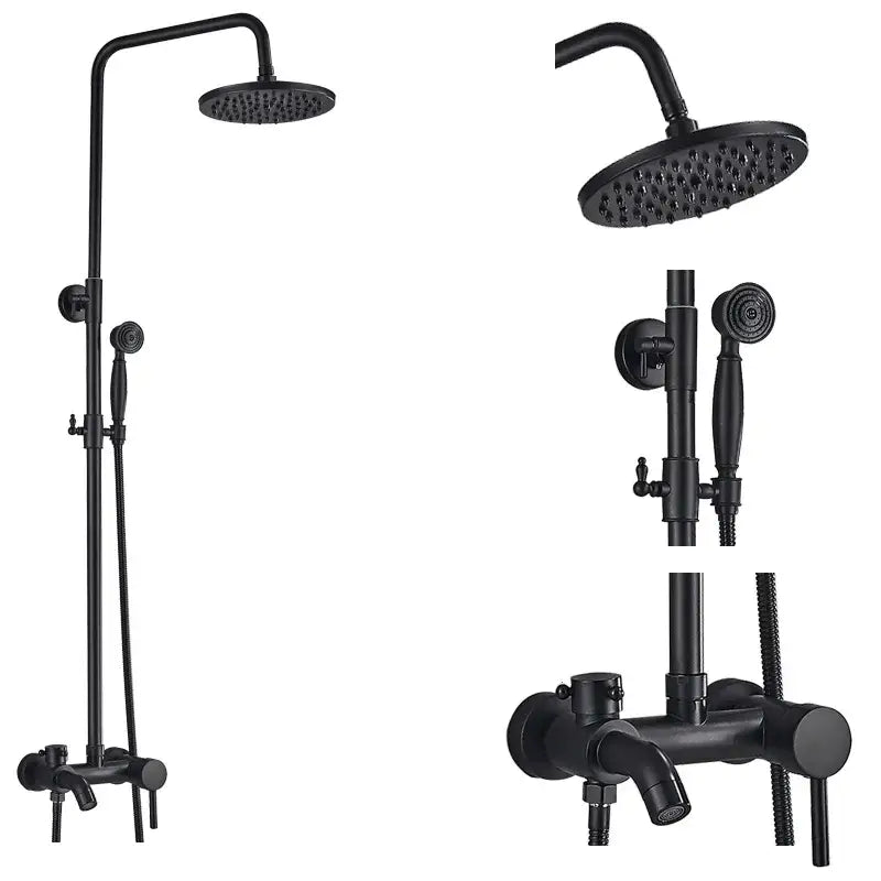 Matte black shower faucet set with handshower, round rainhead, and wall-mounted control valve for bathroom use