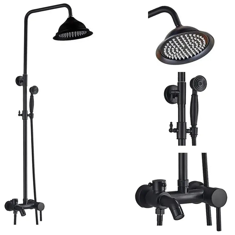 Matte black shower faucet set with handshower and tub spout featuring a large overhead rainhead in black matte finish