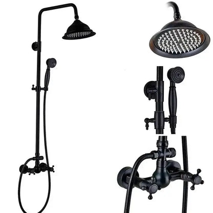 Matte black shower faucet set in brass with tall overhead rainhead handheld spray and wall-mounted tub spout assembly