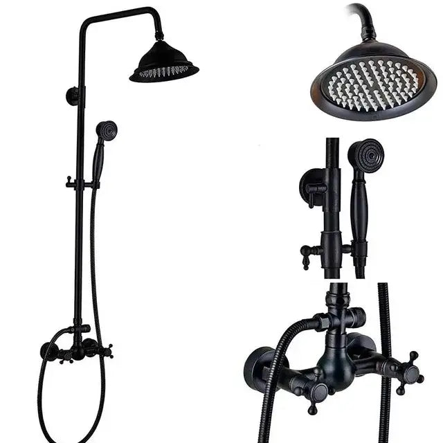 Matte black shower faucet set in brass with tall overhead rainhead handheld spray and wall-mounted tub spout assembly