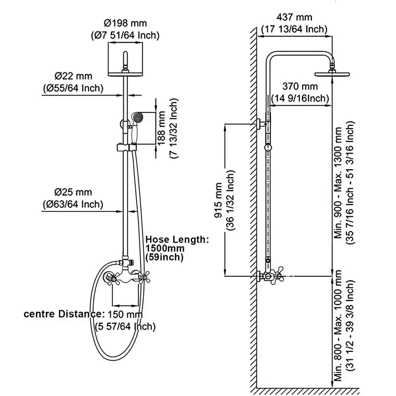 Matte black shower faucet set with silver-toned curved rainhead and handheld spray featuring precise installation markings