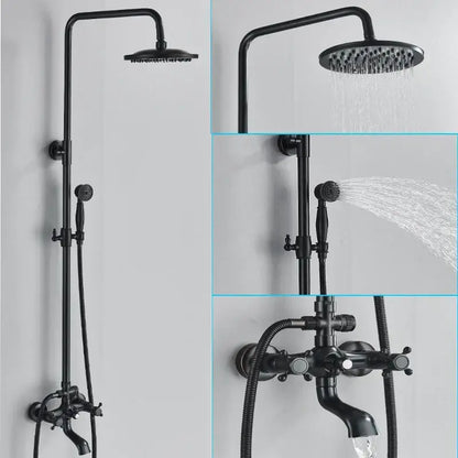 Matte black shower faucet set with handshower, tub spout, and tall overhead rainhead in black matte finish