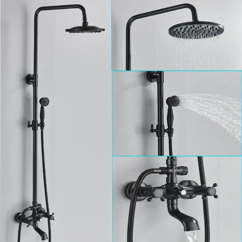 Matte black shower faucet set with handshower, tub spout, and tall overhead rainhead in black matte finish