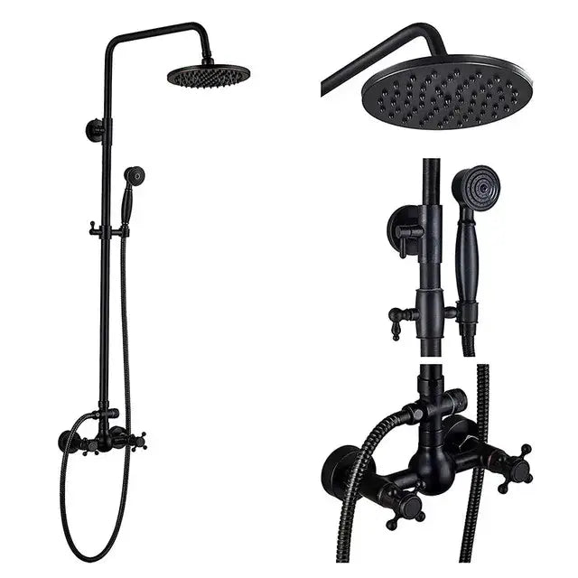 Matte black shower faucet set with vintage-style plumbing features rectangular rainhead and handheld spray for bathroom