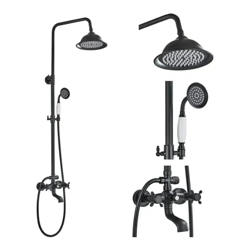 Matte black shower faucet set with handshower, white ceramic handle, tall rainhead, and matching black tub spout