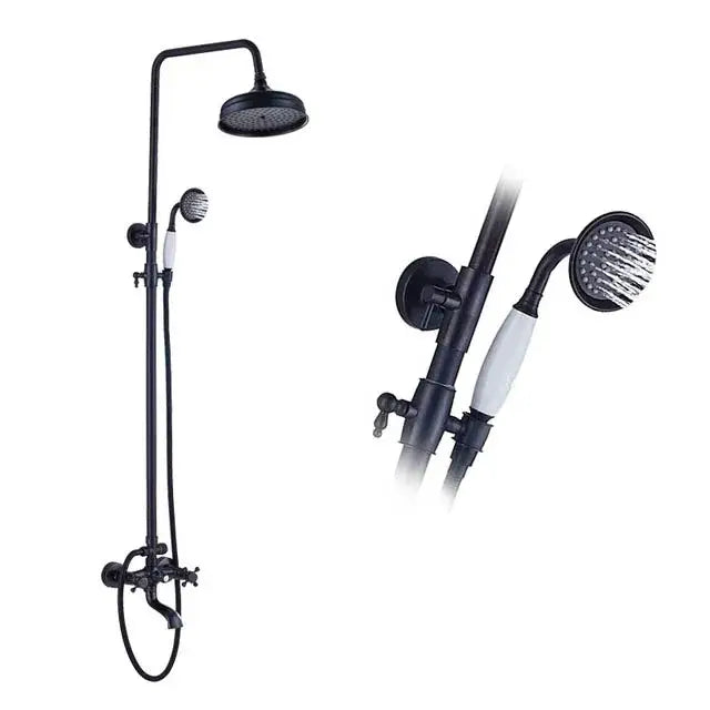 Matte black shower faucet set with handshower and tub spout featuring white ceramic handles and rainhead design