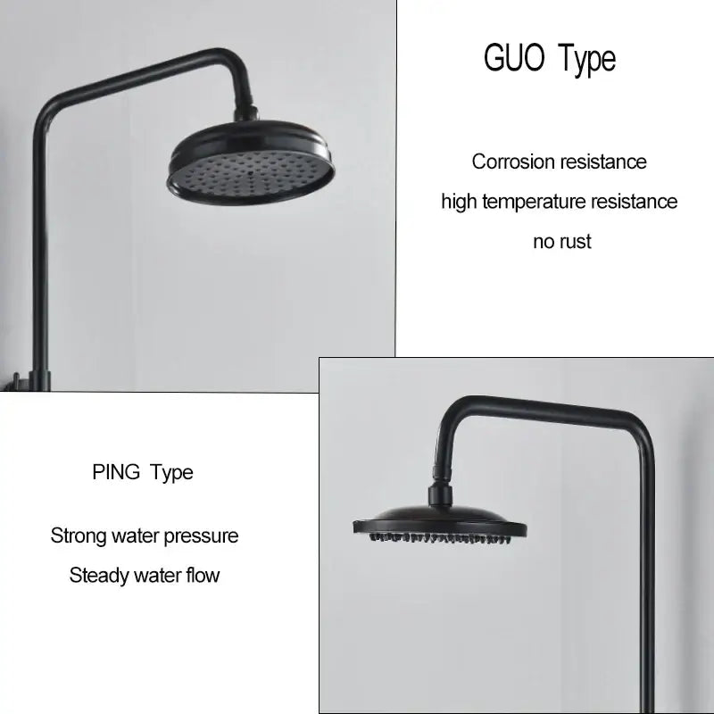 Matte black shower faucet set with handshower and tub spout featuring a curved arm and multiple spray holes