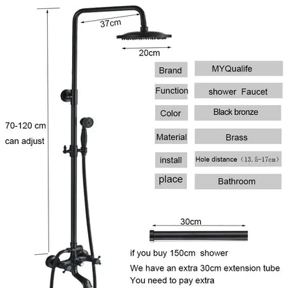 Matte black shower faucet set in black bronze brass with adjustable height and handheld spray head for bathroom use