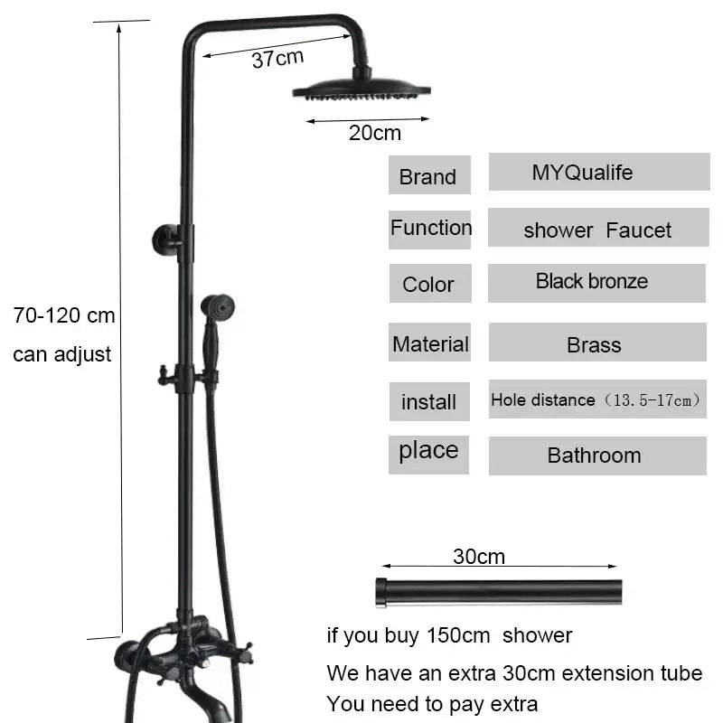 Matte black shower faucet set in black bronze brass with adjustable height and handheld spray head for bathroom use