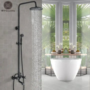 Matte black shower faucet set with rainhead, handheld nozzle, and tub spout in black matte finish for bathroom use