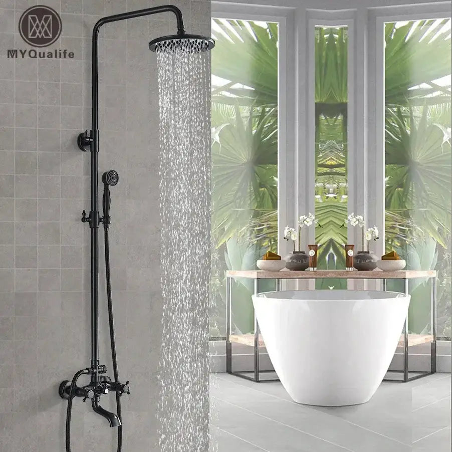 Matte black shower faucet set with rainhead, handheld nozzle, and tub spout in black matte finish for bathroom use