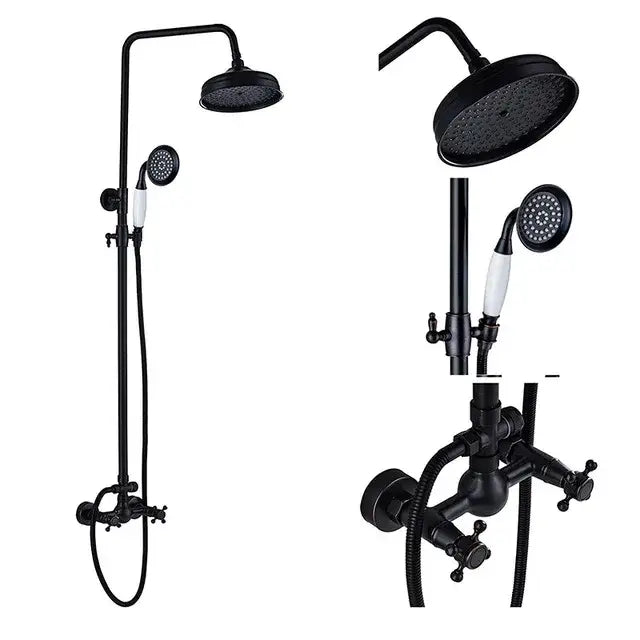 Matte black shower faucet set with handshower, tub spout, and white ceramic handle accents for bathroom use