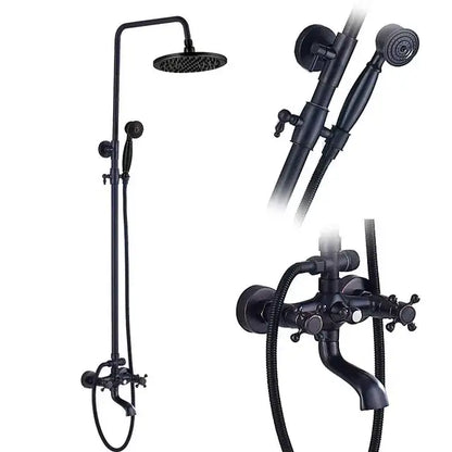 Matte black shower faucet set with handshower tub spout and tall overhead rainhead in black matte finish for bathroom