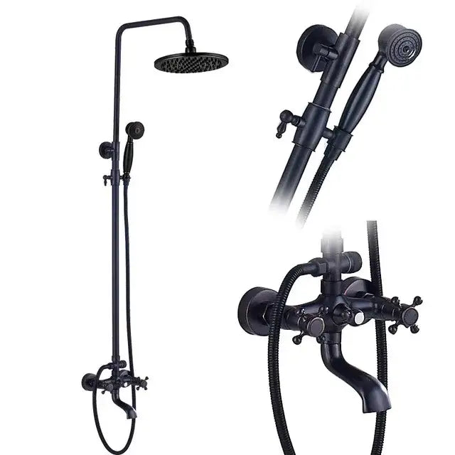Matte black shower faucet set with handshower tub spout and tall overhead rainhead in black matte finish for bathroom