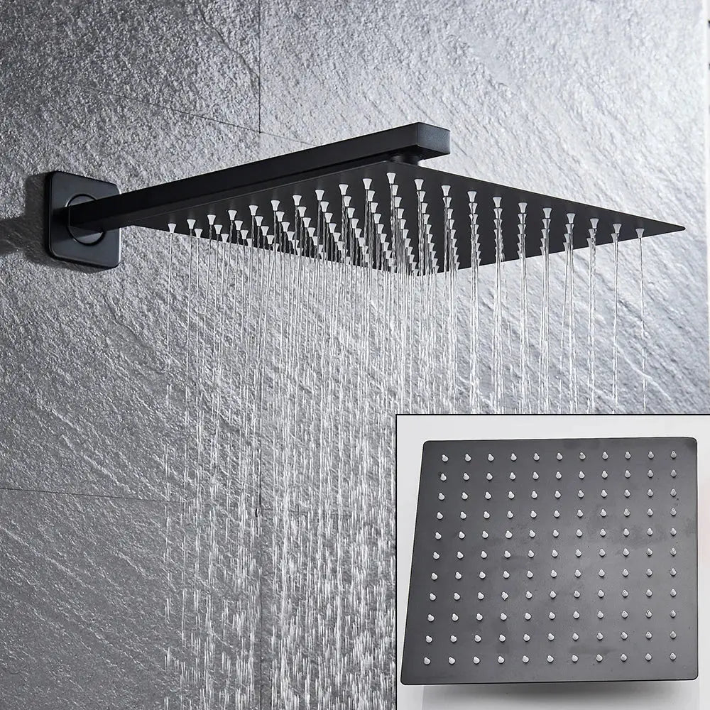 Matte black shower set featuring a black matte-finish square rain showerhead with multiple water jets for bathroom use