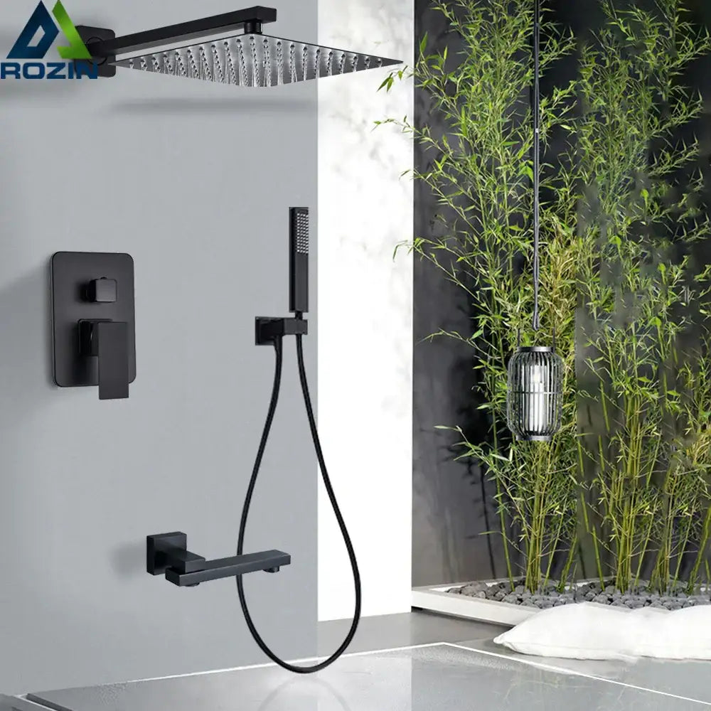 Matte black shower set with square rain head and matching wall-mounted spout from decorbites black shower collection