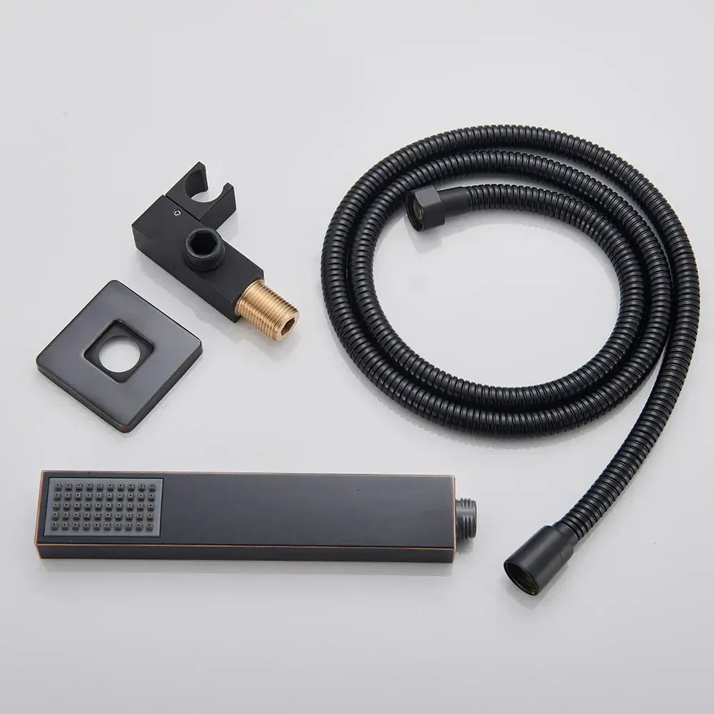 Matte black shower set with rectangular black matte showerhead and brass-colored threaded connection for bathroom decorbites black shower