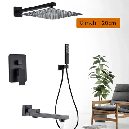 Matte black shower set featuring a square rain showerhead with textured surface and matte finish for bathroom decor