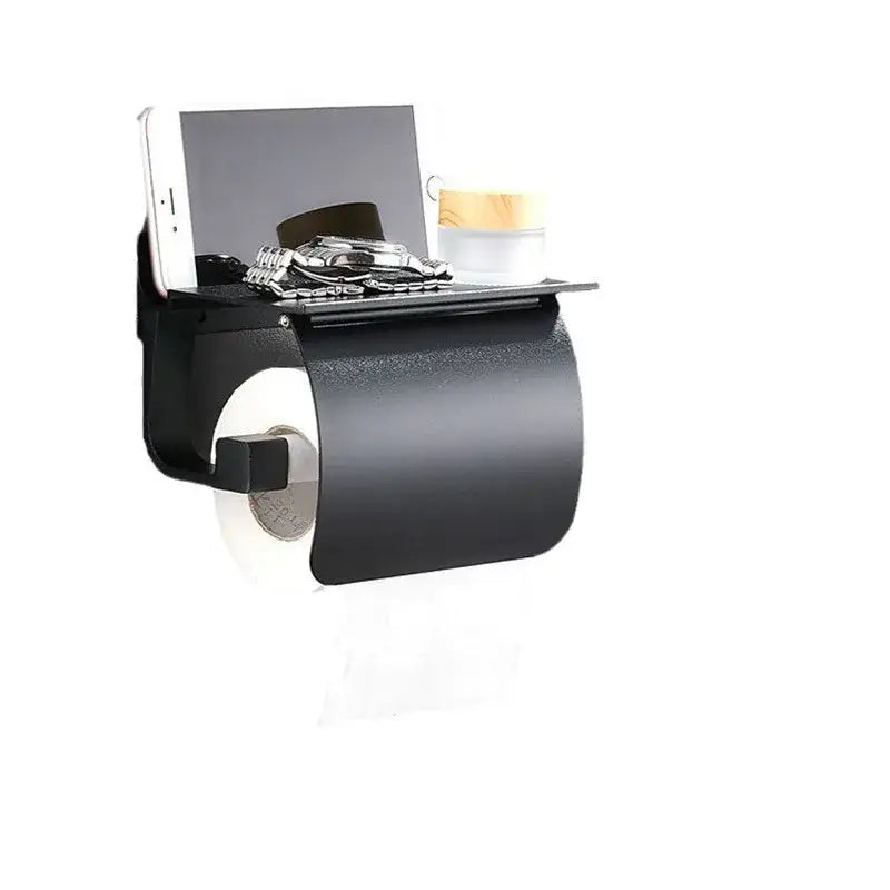 Matte black metal toilet paper holder with integrated silver shelf for bathroom storage and paper holder use