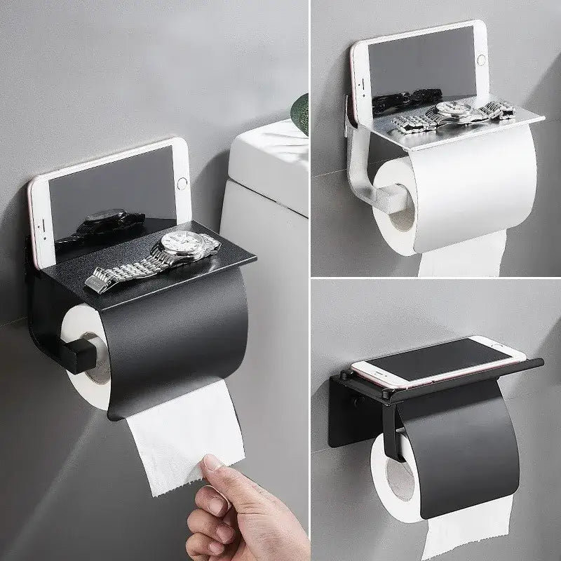 Matte black and silver toilet paper holder with wall-mounted phone shelf and matte finish for bathroom storage