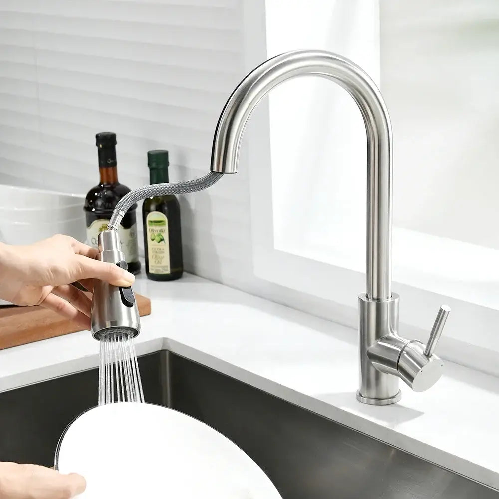 Matte black single handle pull down kitchen faucet with flexible stainless steel gooseneck spout swivel tap decorbites black single handle