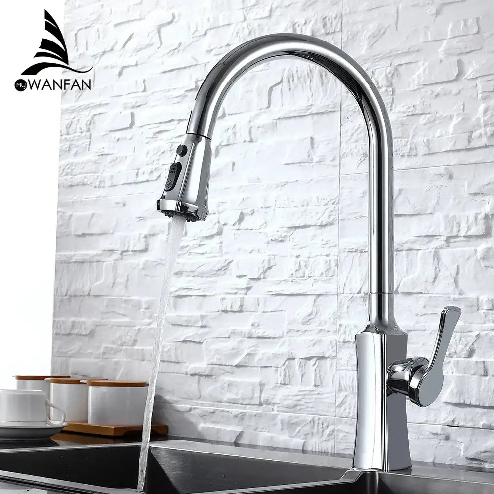 Chrome-finished pull-down kitchen faucet with sleek arched spout and single handle for decorbites black single handle use
