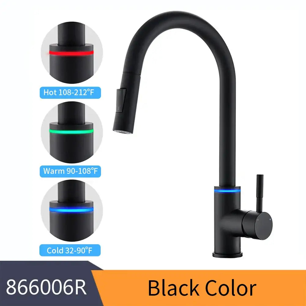 Matte black single handle pull down kitchen faucet with black single handle and touch temperature control indicators