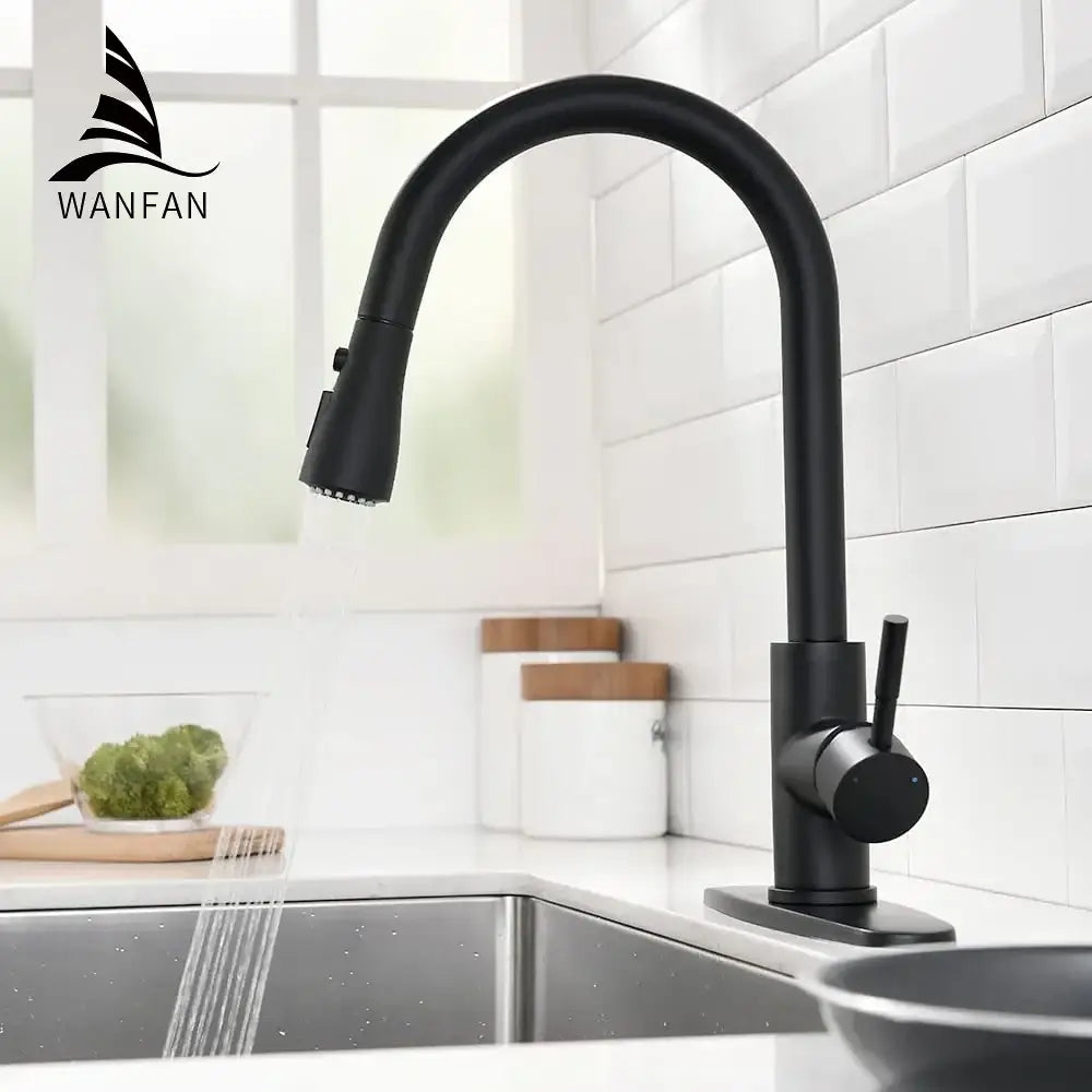 Black single handle matte finish kitchen faucet with curved spout and pull down spray head swivel tap decorbites