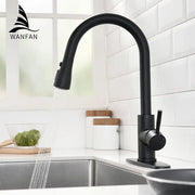 Black single handle matte finish kitchen faucet with curved spout and pull down spray head swivel tap decorbites