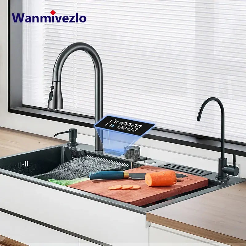 Matte black smart waterfall kitchen sink faucet with digital display and touch controls in matte finish