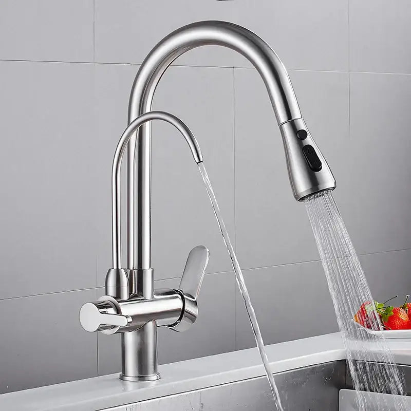 Matte black solid brass kitchen faucet with pull-down spray head and sleek curved spout by decorbites black solid