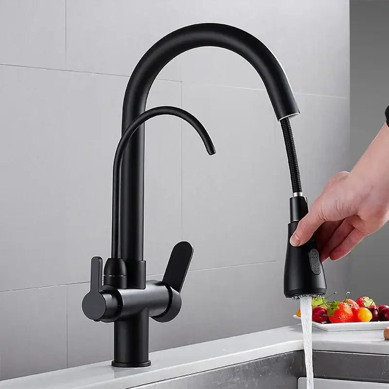 Matte black solid brass kitchen faucet with curved spout and pull down spray head by decorbites black solid