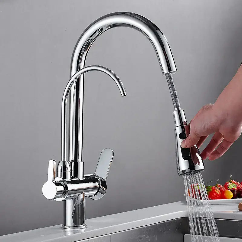 Chrome-finished decorbites black solid brass kitchen faucet with pull-down spray head and sleek arched spout dual handles